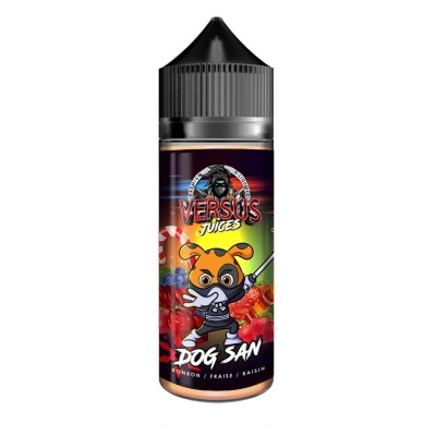 Bouteille e-liquide Dog San Versus Juice 100ml avec chien cartoon sur étiquette colorée Bouteille e-liquide Dog San Versus Juice 100ml avec chien cartoon sur étiquette colorée