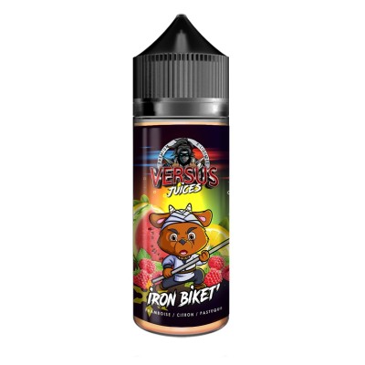Bouteille e-liquide Iron Biket 100ml Versus Juice, saveur fruitée, design coloré avec ours Bouteille e-liquide Iron Biket 100ml Versus Juice, saveur fruitée, design coloré avec ours