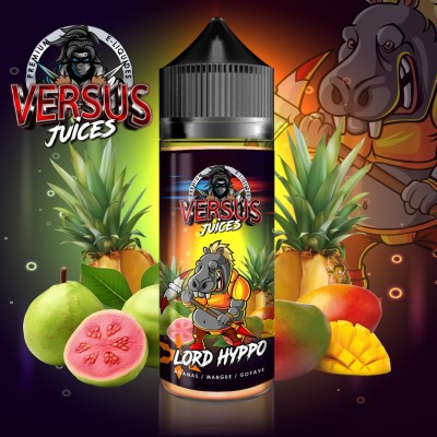 E-liquide Lord Hyppo Versus Juice 100ml, fruits exotiques, hippopotame cartoon, design coloré E-liquide Lord Hyppo Versus Juice 100ml, fruits exotiques, hippopotame cartoon, design coloré