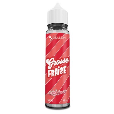 Bouteille de e-liquide Grosse Fraise 50ml, marque Wpuff Flavors par Liquideo, fond rouge Bouteille de e-liquide Grosse Fraise 50ml, marque Wpuff Flavors par Liquideo, fond rouge