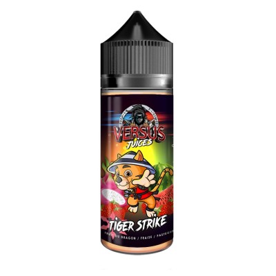 E-liquide Tiger Strike 100ml Versus Juice, flacon avec étiquette colorée et tigre animé