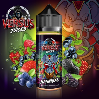 E-liquide Hannibal Versus Juices 100ml, saveur fruits rouges, avec illustration d'éléphant E-liquide Hannibal Versus Juices 100ml, saveur fruits rouges, avec illustration d'éléphant