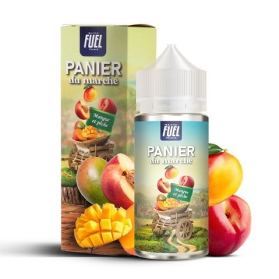 E-liquide Panier du marché Mangue et Pêche 100ml par Maison Fuel, bouteille et fruits