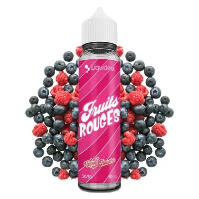 Bouteille e-liquide Fruits Rouges Liquideo entourée de myrtilles et framboises fraîches