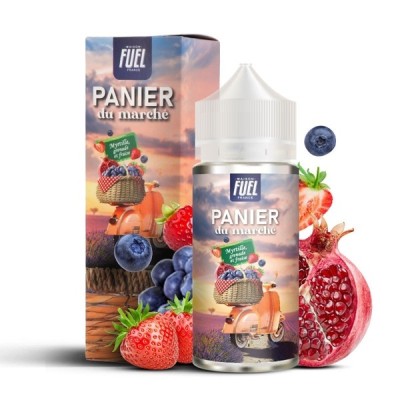 E-liquide Panier du marché Myrtille Grenade Fraise 100ml Maison Fuel, bouteille et fruits