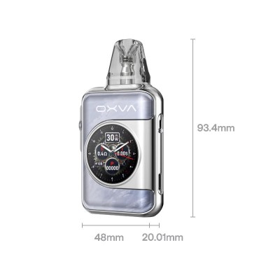Kit Pod Xlim SQ Pro 2 OXVA, compact argenté avec écran, dimensions 93.4x48x20.01mm