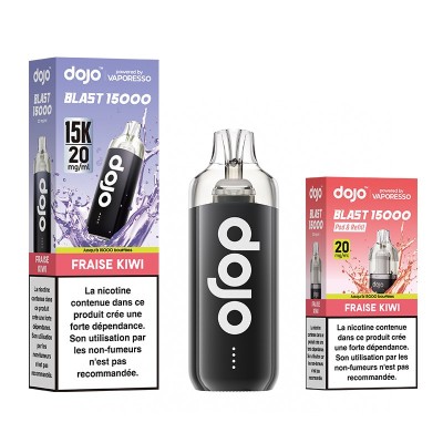 Produit vapotage Dojo Blast 15000 Fraise Kiwi, cigarette électronique jetable et emballage Produit vapotage Dojo Blast 15000 Fraise Kiwi, cigarette électronique jetable et emballage