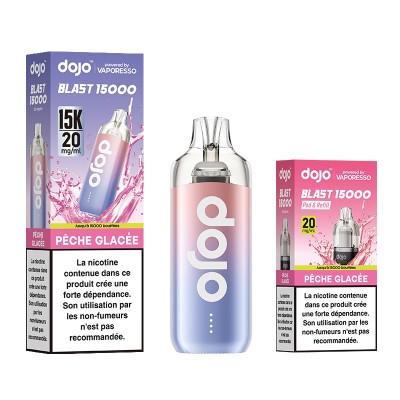 Kit vapotage Dojo Blast 15000 Pêche Glacée avec flacon e-liquide et boîte, saveur fruitée Kit vapotage Dojo Blast 15000 Pêche Glacée avec flacon e-liquide et boîte, saveur fruitée