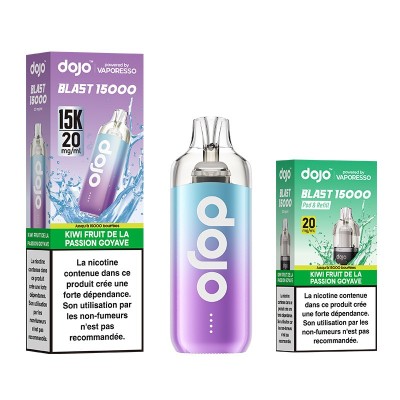 Dojo Blast 15000 bundle avec e-liquide kiwi fruit de la passion goyave et boîtes colorées Dojo Blast 15000 bundle avec e-liquide kiwi fruit de la passion goyave et boîtes colorées