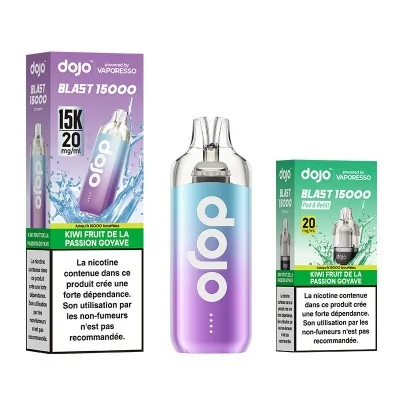 Dojo Blast 15000 bundle avec e-liquide kiwi fruit de la passion goyave et boîtes colorées Dojo Blast 15000 bundle avec e-liquide kiwi fruit de la passion goyave et boîtes colorées