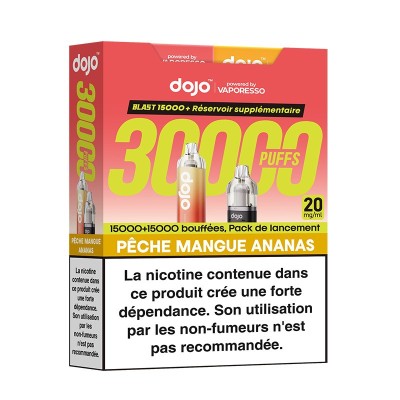 Pack e-cigarette Dojo Blast 30000 puffs Pêche Mangue Ananas, nicotine, avertissement santé Pack e-cigarette Dojo Blast 30000 puffs Pêche Mangue Ananas, nicotine, avertissement santé