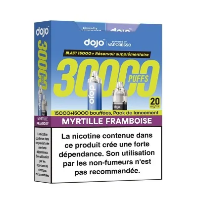 Puff Dojo Blast Bundle 30K Myrtille Framboise - Boîte avec avertissement santé et détails Puff Dojo Blast Bundle 30K Myrtille Framboise - Boîte avec avertissement santé et détails
