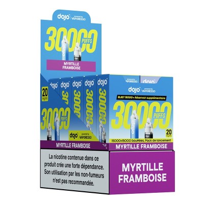Pack et boîtes de cigarettes électroniques Dojo 30000 bouffées saveur myrtille framboise Pack et boîtes de cigarettes électroniques Dojo 30000 bouffées saveur myrtille framboise
