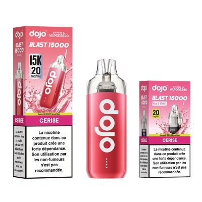 Cigarette électronique Puff Dojo Blast 15000 Cerise, pack et produit sur fond blanc Cigarette électronique Puff Dojo Blast 15000 Cerise, pack et produit sur fond blanc