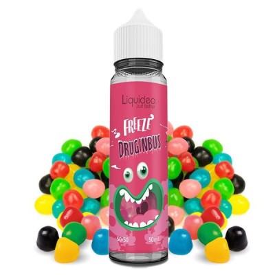 Flacon e-liquide Druginbus Freeze 50ml Liquideo avec bonbons colorés, visuel fun