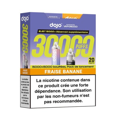 Boîte du produit Puff Dojo Blast Bundle 30K saveur fraise banane par Vaporesso Boîte du produit Puff Dojo Blast Bundle 30K saveur fraise banane par Vaporesso