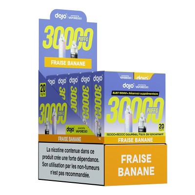 Boîtes de cigarettes électroniques Dojo 30000 Fraise Banane, emballage bleu et jaune Boîtes de cigarettes électroniques Dojo 30000 Fraise Banane, emballage bleu et jaune