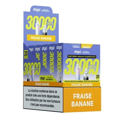 Boîtes de cigarettes électroniques Dojo 30000 Fraise Banane, emballage bleu et jaune Boîtes de cigarettes électroniques Dojo 30000 Fraise Banane, emballage bleu et jaune
