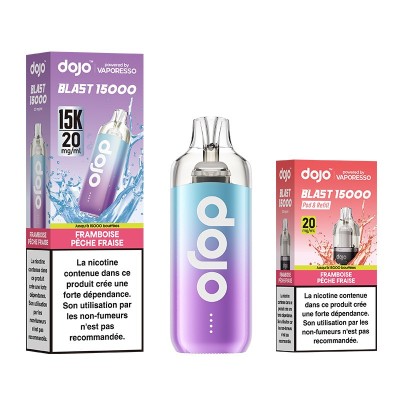 Produit Puff Dojo Blast 15000 par Vaporesso, saveur framboise pêche fraise, avec boîte Produit Puff Dojo Blast 15000 par Vaporesso, saveur framboise pêche fraise, avec boîte