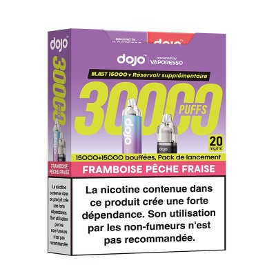 Kit e-cigarette Dojo 30000 bouffées saveur framboise pêche fraise avec avertissement santé Kit e-cigarette Dojo 30000 bouffées saveur framboise pêche fraise avec avertissement santé