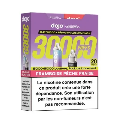 Kit e-cigarette Dojo 30000 bouffées saveur framboise pêche fraise avec avertissement santé Kit e-cigarette Dojo 30000 bouffées saveur framboise pêche fraise avec avertissement santé