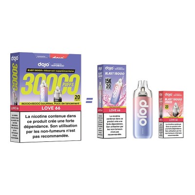 Pack e-cigarette Dojo Blast Bundle avec 30000 bouffées, saveur Love66, accessoires inclus Pack e-cigarette Dojo Blast Bundle avec 30000 bouffées, saveur Love66, accessoires inclus