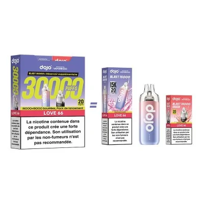 Pack e-cigarette Dojo Blast Bundle avec 30000 bouffées, saveur Love66, accessoires inclus Pack e-cigarette Dojo Blast Bundle avec 30000 bouffées, saveur Love66, accessoires inclus