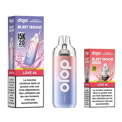 Kit vape Dojo Blast 15000 avec liquide Love66, boîte et flacon, saveur fruitée Kit vape Dojo Blast 15000 avec liquide Love66, boîte et flacon, saveur fruitée