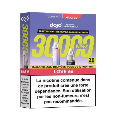 Pack Dojo Blast 30000 bouffées Love66 avec avertissement nicotine, produit vape jetable Pack Dojo Blast 30000 bouffées Love66 avec avertissement nicotine, produit vape jetable