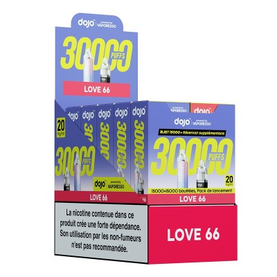Pack de cigarettes électroniques jetables Dojo Blast 30000 bouffées, saveur Love 66 Pack de cigarettes électroniques jetables Dojo Blast 30000 bouffées, saveur Love 66