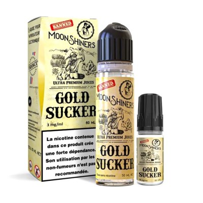 Kit e-liquide Gold Sucker Moonshiners 60ml, bouteille et emballage avec avertissement nicotine Kit e-liquide Gold Sucker Moonshiners 60ml, bouteille et emballage avec avertissement nicotine