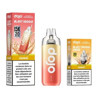Produit Puff Dojo Blast 15000 Hawaï par Vaporesso, e-cigarette jetable, packaging et flacon Produit Puff Dojo Blast 15000 Hawaï par Vaporesso, e-cigarette jetable, packaging et flacon