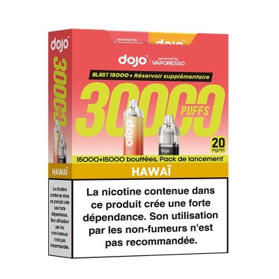 Coffret Puff Dojo Blast Bundle 30000 bouffées saveur Hawaï par Vaporesso, avec avertissement Coffret Puff Dojo Blast Bundle 30000 bouffées saveur Hawaï par Vaporesso, avec avertissement