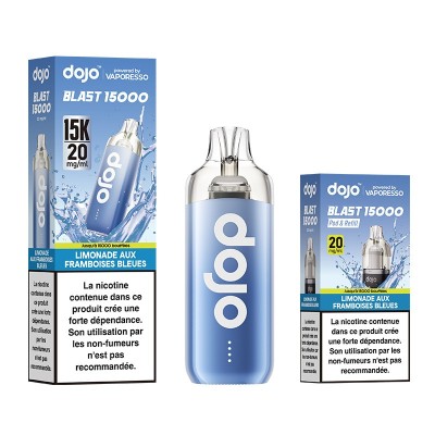 Produit vapotage Dojo Blast 15000 limonade framboises bleues, flacon et emballages Produit vapotage Dojo Blast 15000 limonade framboises bleues, flacon et emballages