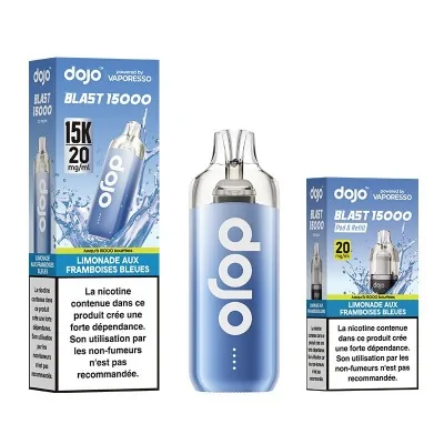 Produit vapotage Dojo Blast 15000 limonade framboises bleues, flacon et emballages Produit vapotage Dojo Blast 15000 limonade framboises bleues, flacon et emballages