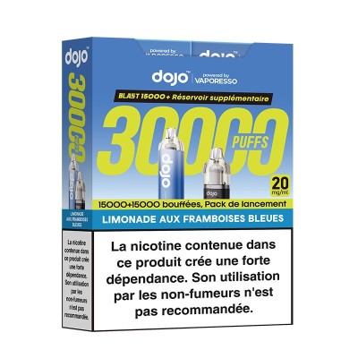 Pack Dojo Vaporesso 30000 puffs limonade aux framboises bleues, avertissement santé Pack Dojo Vaporesso 30000 puffs limonade aux framboises bleues, avertissement santé