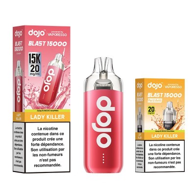 Kit vape Dojo Blast 15000 bouffées, 2 saveurs, Lady Killer et banane, nicotine 20mg