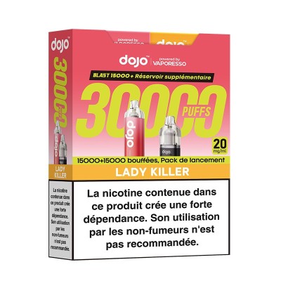 Boîte Dojo Blast 30000 puffs Lady Killer, saveur fruitée, avertissement nicotine, pack promo