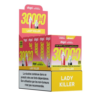 Boîtes de cigarettes électroniques Puff Dojo Blast 30000 Lady Killer, emballage rose et jaune