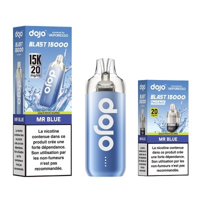 Produit vapotage Dojo Blast 15000 Mr Blue, boîte et flacon bleu, 15K bouffées, 20mg nicotine Produit vapotage Dojo Blast 15000 Mr Blue, boîte et flacon bleu, 15K bouffées, 20mg nicotine