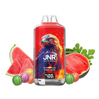 Bouteille JNR rouge avec aigle, saveur pastèque bubble-gum, entourée de fruits Bouteille JNR rouge avec aigle, saveur pastèque bubble-gum, entourée de fruits