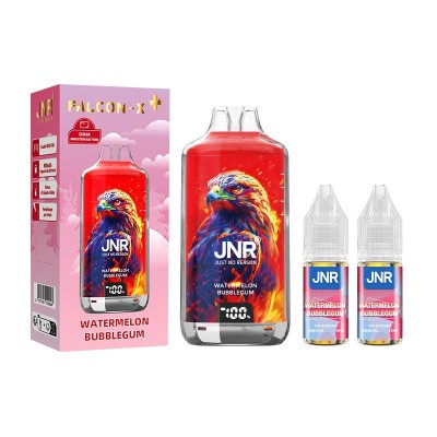 Produit JNR Watermelon Bubblegum: packaging, bouteille de e-liquide et flacons concentrés Produit JNR Watermelon Bubblegum: packaging, bouteille de e-liquide et flacons concentrés