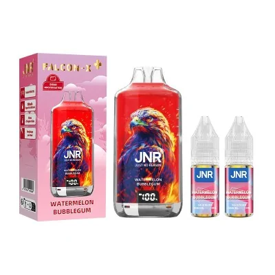 Produit JNR Watermelon Bubblegum: packaging, bouteille de e-liquide et flacons concentrés Produit JNR Watermelon Bubblegum: packaging, bouteille de e-liquide et flacons concentrés