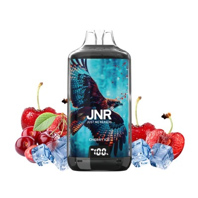Bouteille JNR Cherry Ice entourée de cerises, fraises et glaçons, aigle en vol sur l'étiquette