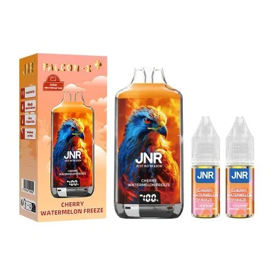 Produit JNR Cherry Watermelon Freeze: boîte, bouteille avec aigle bleu, flacons d'arôme Produit JNR Cherry Watermelon Freeze: boîte, bouteille avec aigle bleu, flacons d'arôme