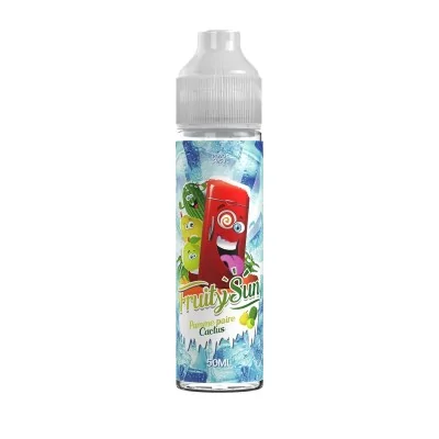 Bouteille de e-liquide Fruity Sun saveur pomme poire cactus 50ml, design coloré et fruité