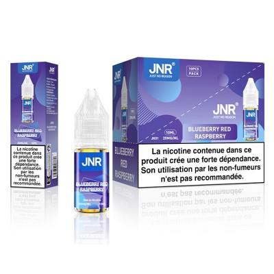 E-liquide JNR Blueberry Red Raspberry, sel de nicotine 20mg, flacon 10ml et emballage