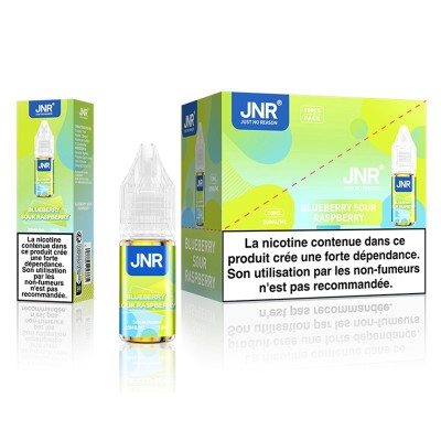 E-liquide JNR Blueberry Sour Raspberry 10ml, sels de nicotine 20mg, packaging et flacon E-liquide JNR Blueberry Sour Raspberry 10ml, sels de nicotine 20mg, packaging et flacon