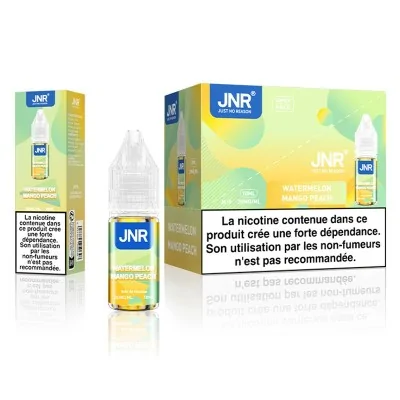E-liquide JNR Watermelon Mango Peach 10ml, sels de nicotine 20mg, packaging et flacon E-liquide JNR Watermelon Mango Peach 10ml, sels de nicotine 20mg, packaging et flacon