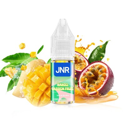 E-liquide JNR mangue fruit de la passion, flacon entouré de fruits tropicaux frais